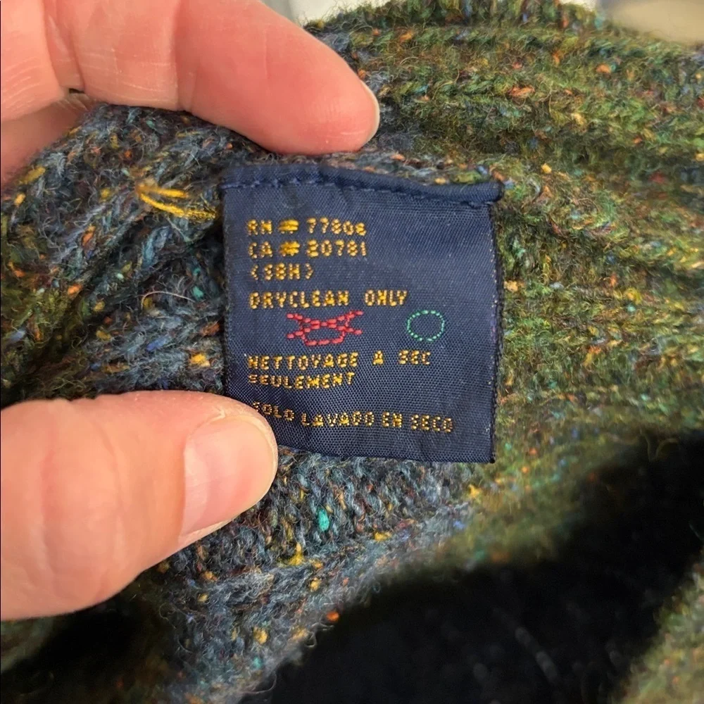 Vintage 1990s Tommy Hilfiger Olive and Light Blue Striped Lambs Wool Sweater